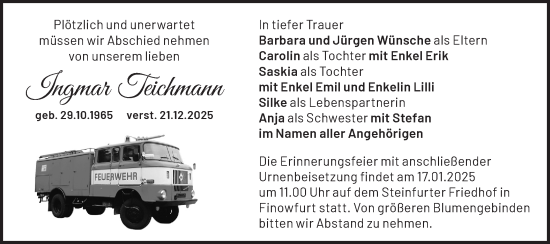 Traueranzeige von Ingmar Teichmann von Märkische Oderzeitung