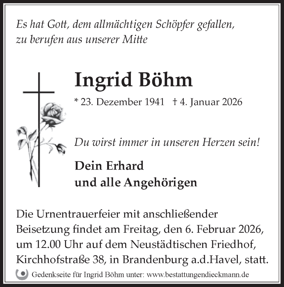  Traueranzeige für Ingrid Böhm vom 17.01.2026 aus Märkische Oderzeitung