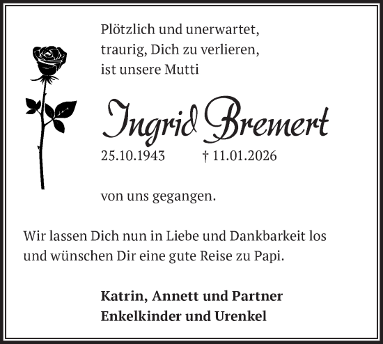 Traueranzeige von Ingrid Bremert von Märkische Oderzeitung
