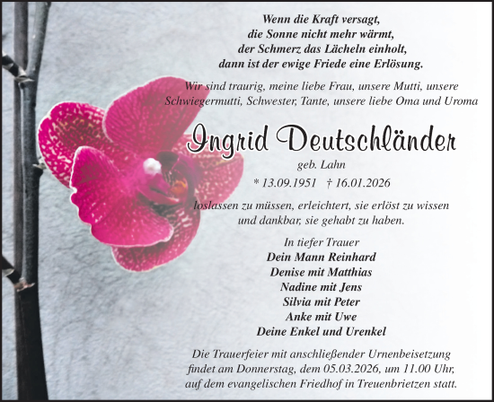 Traueranzeige von Ingrid Deutschländer von Blickpunkt Jüterbog/Luckenwalde
