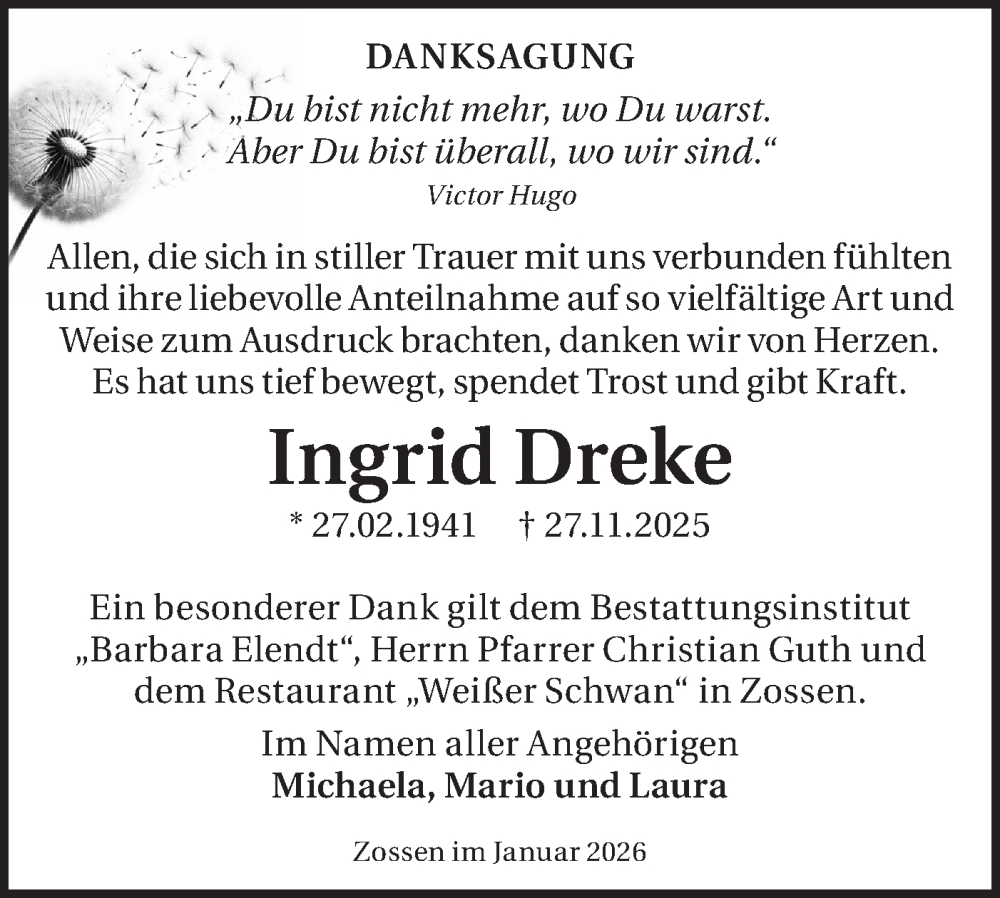  Traueranzeige für Ingrid Dreke vom 17.01.2026 aus Blickpunkt Ludwigsfelde/Zossen