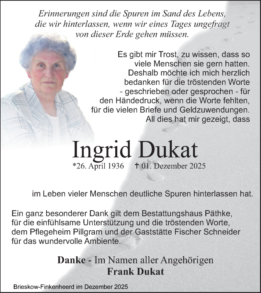  Traueranzeige für Ingrid Dukat vom 10.01.2026 aus Märkische Oderzeitung