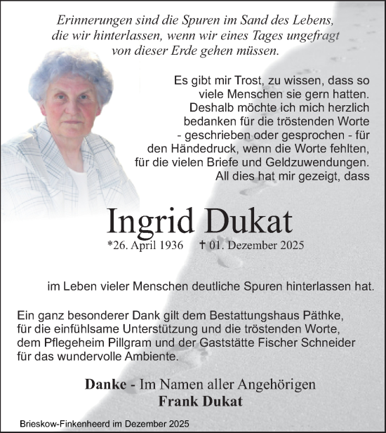 Traueranzeige von Ingrid Dukat von Märkische Oderzeitung