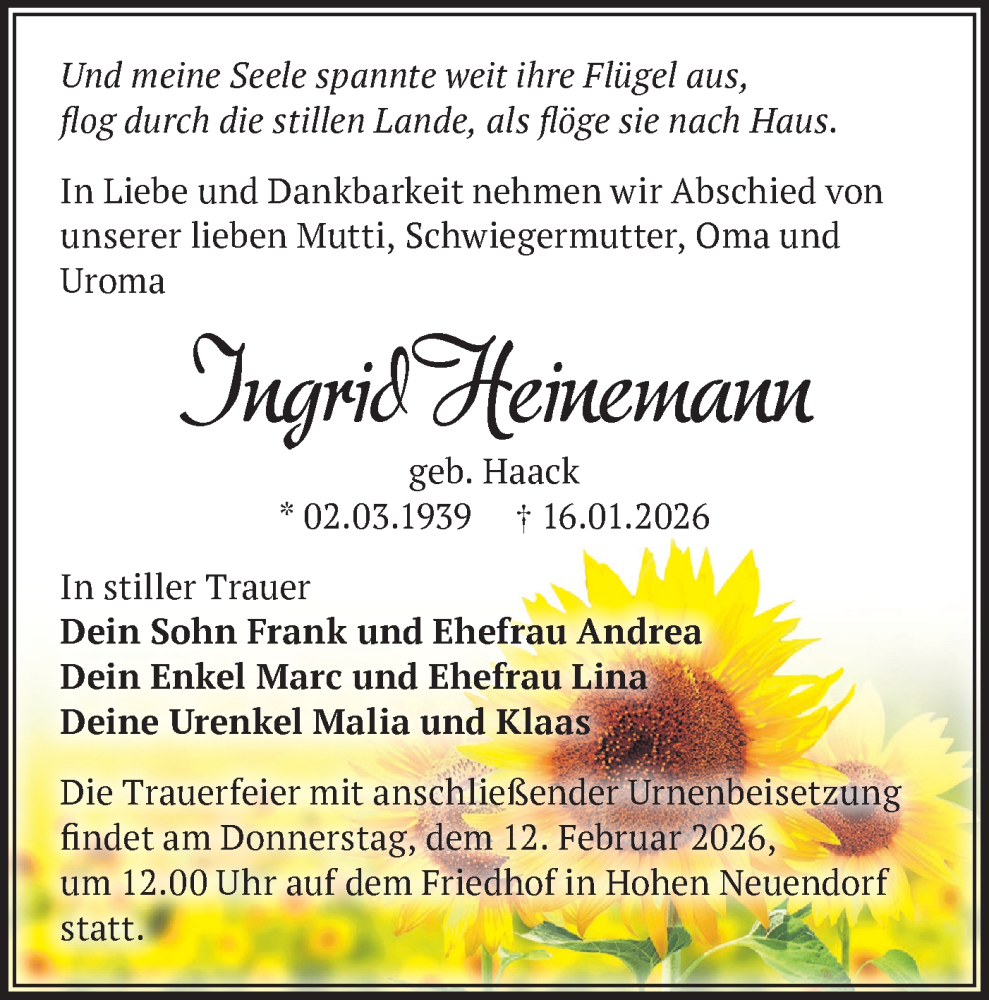  Traueranzeige für Ingrid Heinemann vom 31.01.2026 aus Märkische Oderzeitung