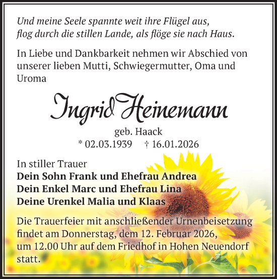 Traueranzeige von Ingrid Heinemann von Märkische Oderzeitung