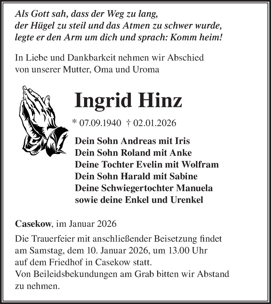  Traueranzeige für Ingrid Hinz vom 08.01.2026 aus MO Uckerm.-Anz.