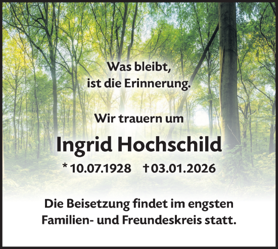 Traueranzeige von Ingrid Hochschild von Märkische Oderzeitung