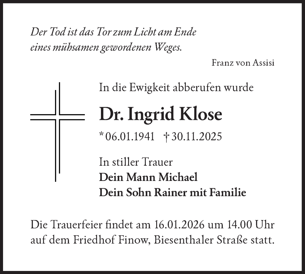  Traueranzeige für Ingrid Klose vom 10.01.2026 aus Märkische Oderzeitung