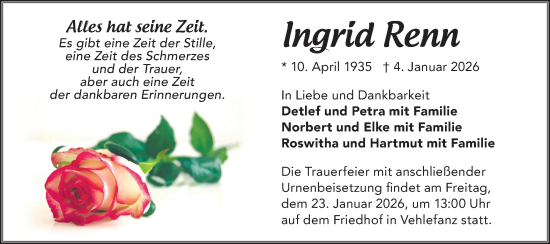 Traueranzeige von Ingrid Renn von Märkische Oderzeitung