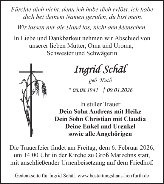 Traueranzeige von Ingrid Schäl von Märkische Oderzeitung