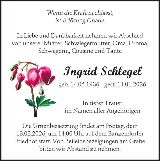 Traueranzeige von Ingrid Schlegel von Märkische Oderzeitung