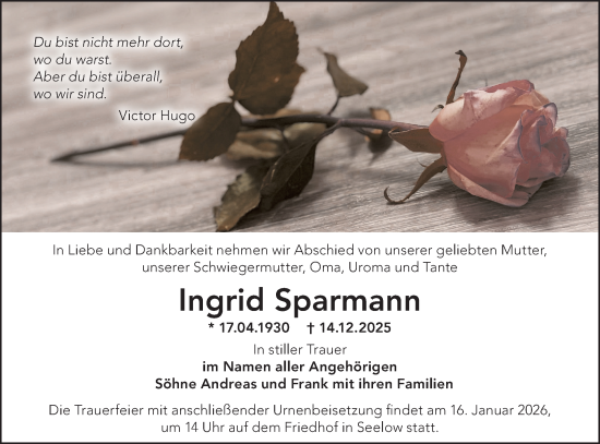 Traueranzeige von Ingrid Sparmann von MO Oderld.-Echo