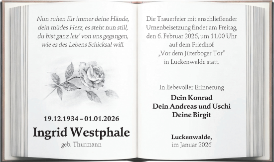Traueranzeige von Ingrid Westphale von Blickpunkt Jüterbog/Luckenwalde