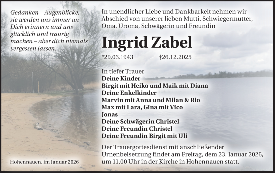 Traueranzeige von Ingrid Zabel von Märkische Oderzeitung