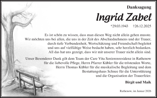 Traueranzeige von Ingrid Zabel von Märkische Oderzeitung