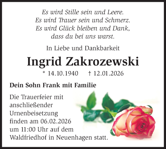 Traueranzeige von Ingrid Zakrozewski von Märkische Oderzeitung