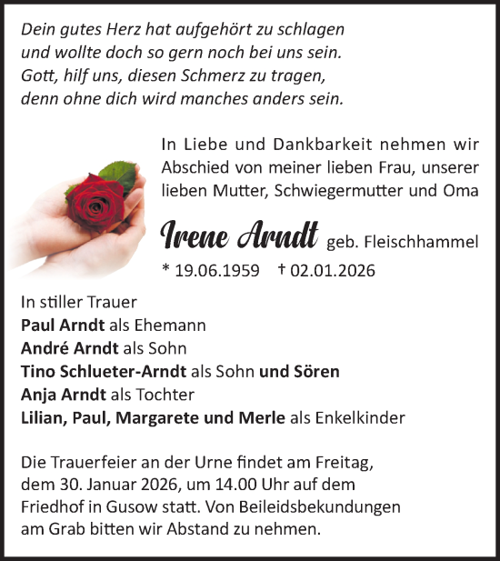 Traueranzeige von Irene Arndt von MO Oderld.-Echo