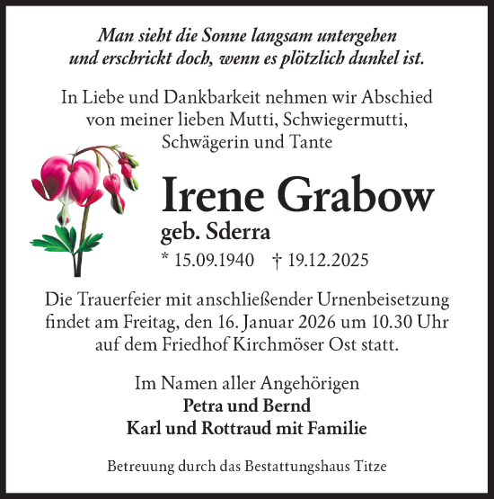 Traueranzeige von Irene Grabow von Märkische Oderzeitung