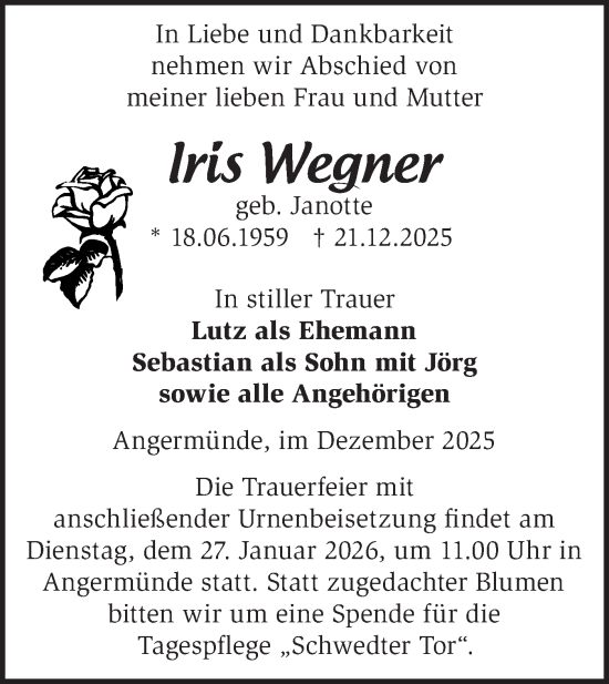 Traueranzeige von Iris Wegner von MO Uckerm.-Anz.