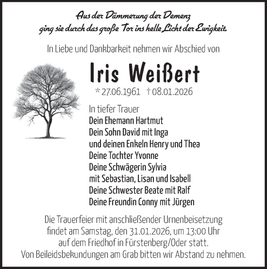 Traueranzeige von Iris Weißert von Märkische Oderzeitung