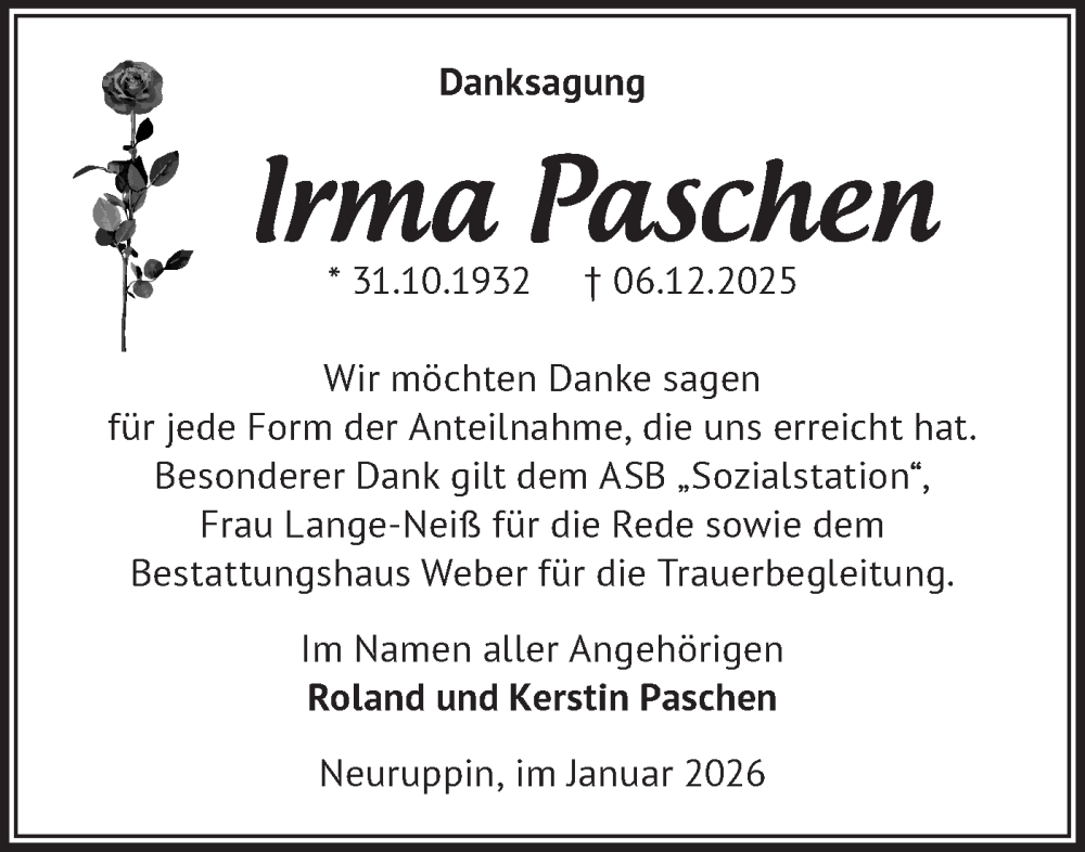  Traueranzeige für Irma Paschen vom 24.01.2026 aus Märkische Oderzeitung