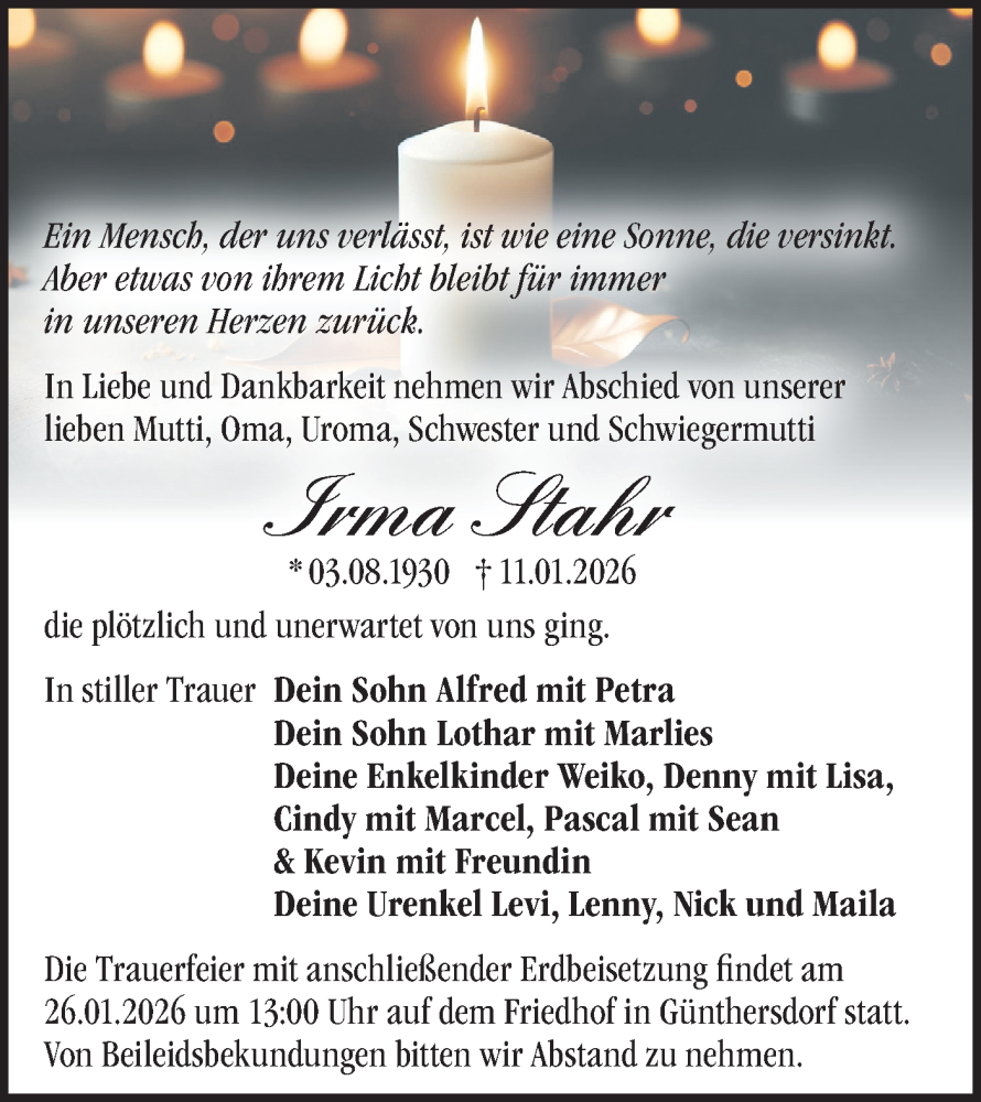  Traueranzeige für Irmar Stahr vom 21.01.2026 aus Märkische Oderzeitung