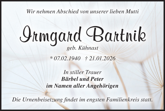 Traueranzeige von Irmgard Bartnik von Blickpunkt Jüterbog/Luckenwalde