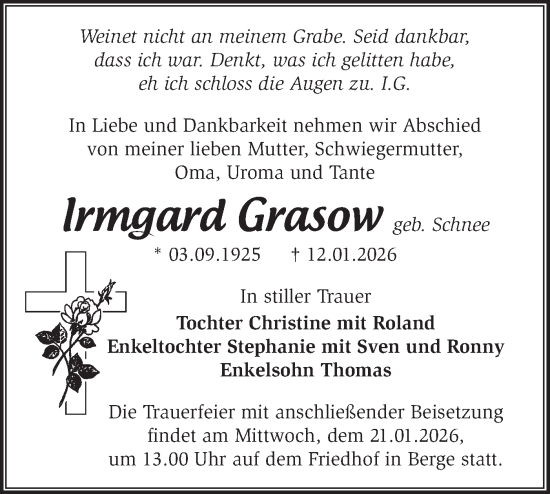 Traueranzeige von Irmgard Grasow von Märkische Oderzeitung