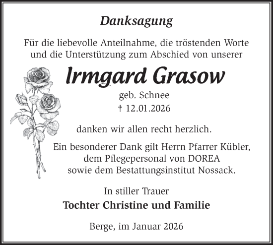 Traueranzeige von Irmgard Grasow von Märkische Oderzeitung