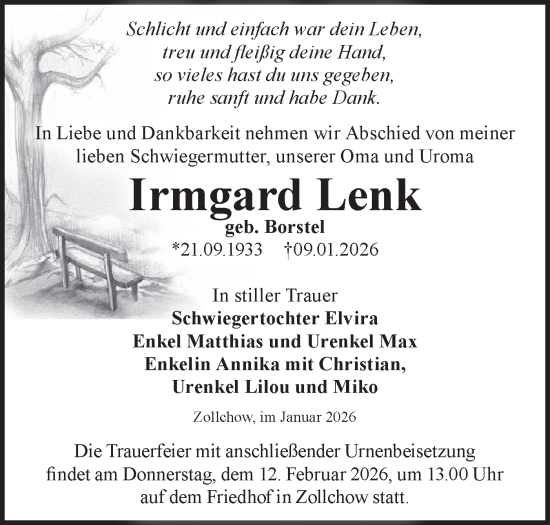 Traueranzeige von Irmgard Lenk von Märkische Oderzeitung