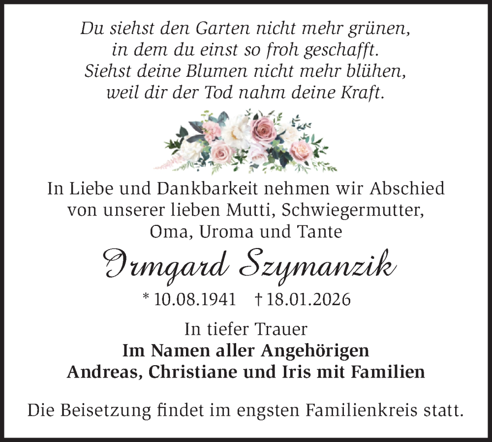  Traueranzeige für Irmgard Szymanzik vom 31.01.2026 aus MO Oderld.-Echo
