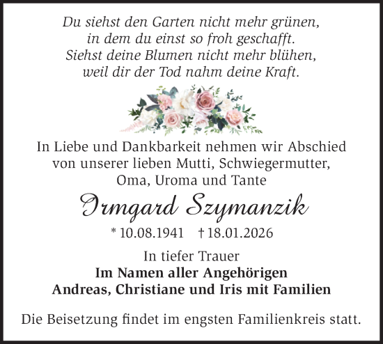 Traueranzeige von Irmgard Szymanzik von MO Oderld.-Echo