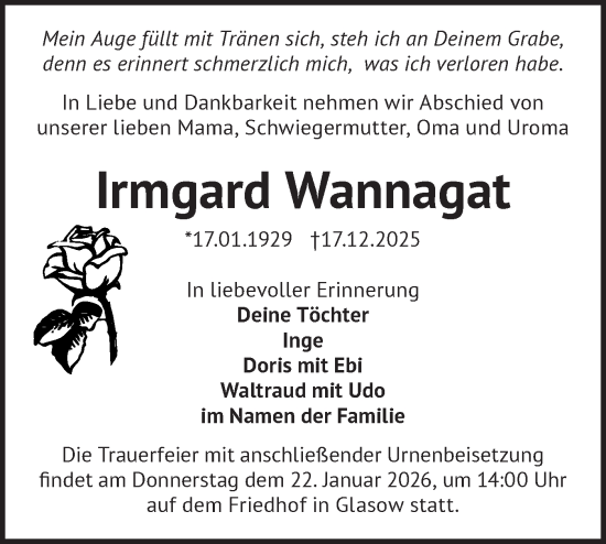 Traueranzeige von Irmgard Wannagat von Blickpunkt Ludwigsfelde/Zossen