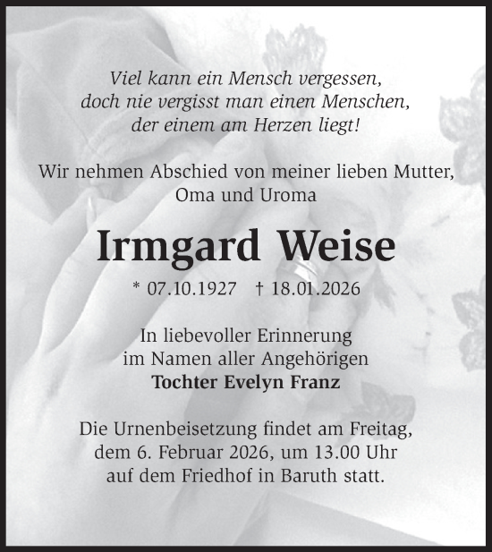 Traueranzeige von Irmgard Weise von Blickpunkt Ludwigsfelde/Zossen