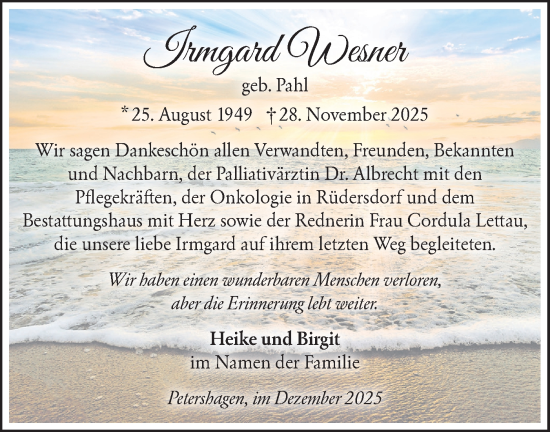 Traueranzeige von Irmgard Wesner von Märkische Oderzeitung