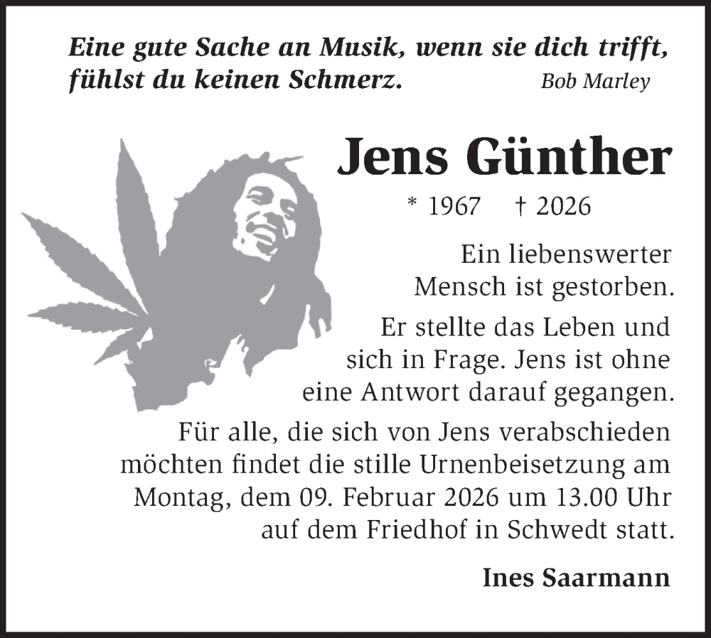  Traueranzeige für Jens Günther vom 31.01.2026 aus MO Uckerm.-Anz.