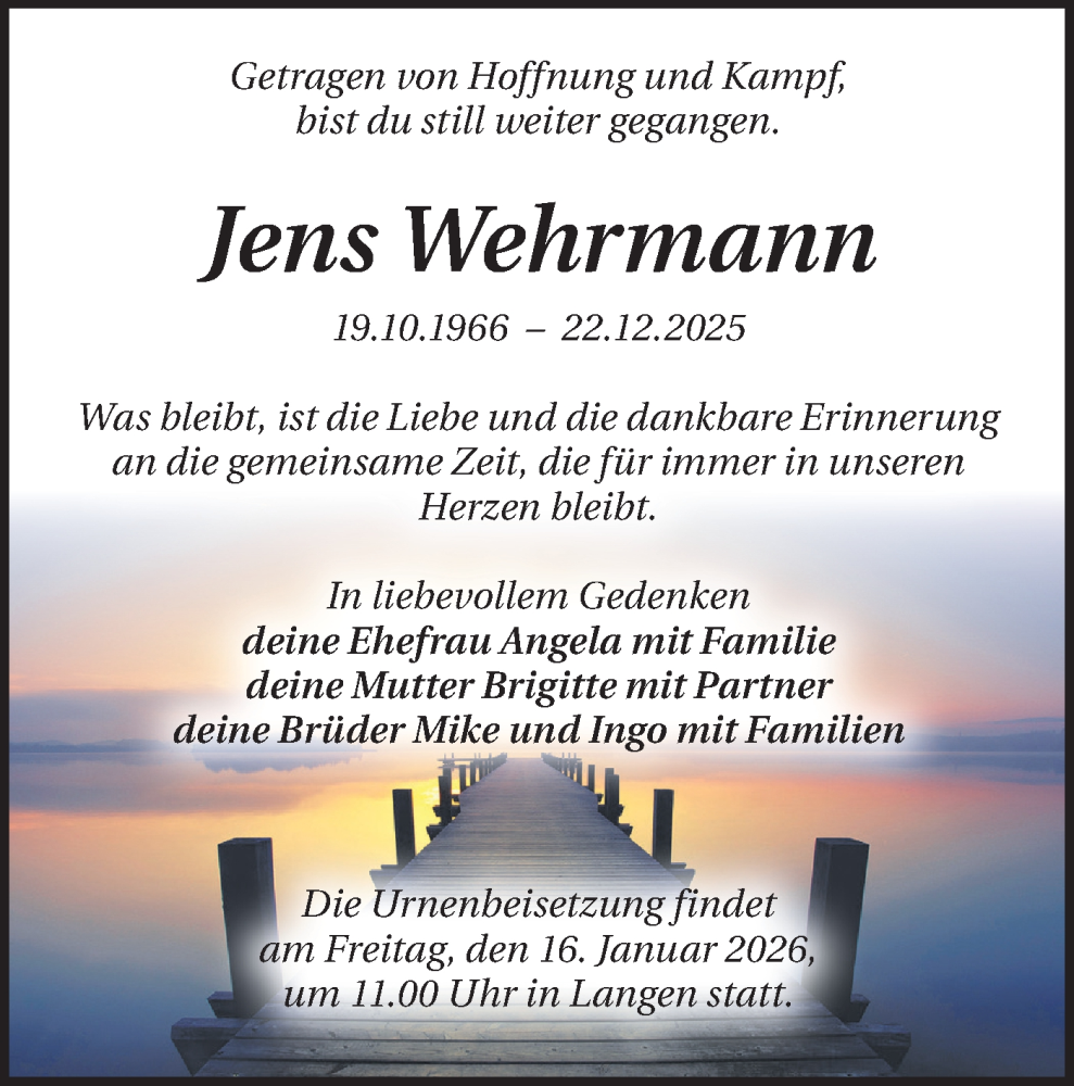  Traueranzeige für Jens Wehrmann vom 10.01.2026 aus Märkische Oderzeitung