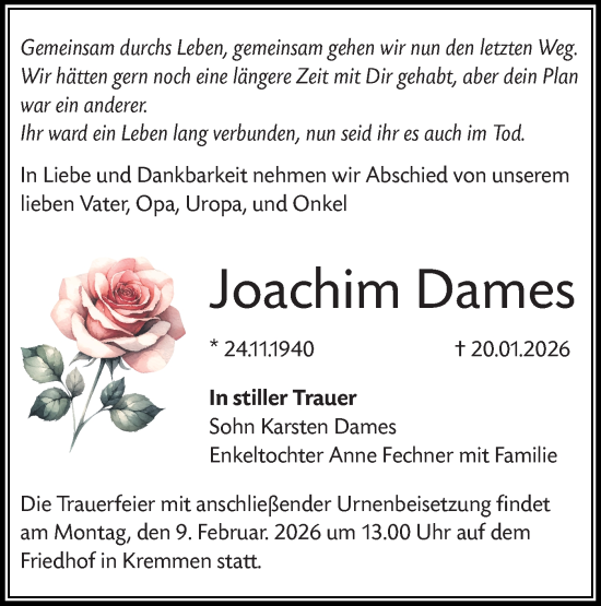 Traueranzeige von Joachim Dames von Märkische Oderzeitung