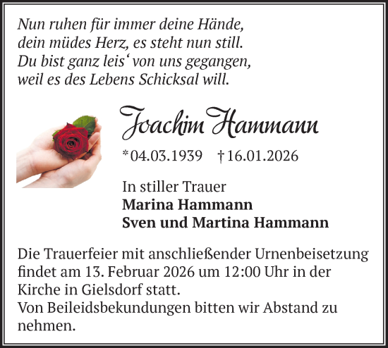 Traueranzeige von Joachim Hammann von Märkische Oderzeitung