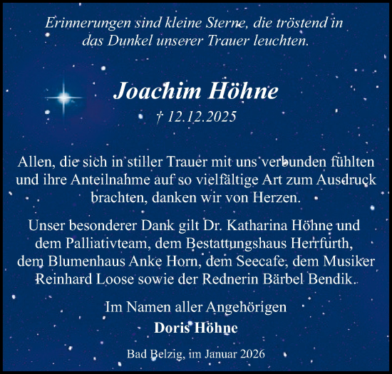 Traueranzeige von Joachim Höhne von Märkische Oderzeitung