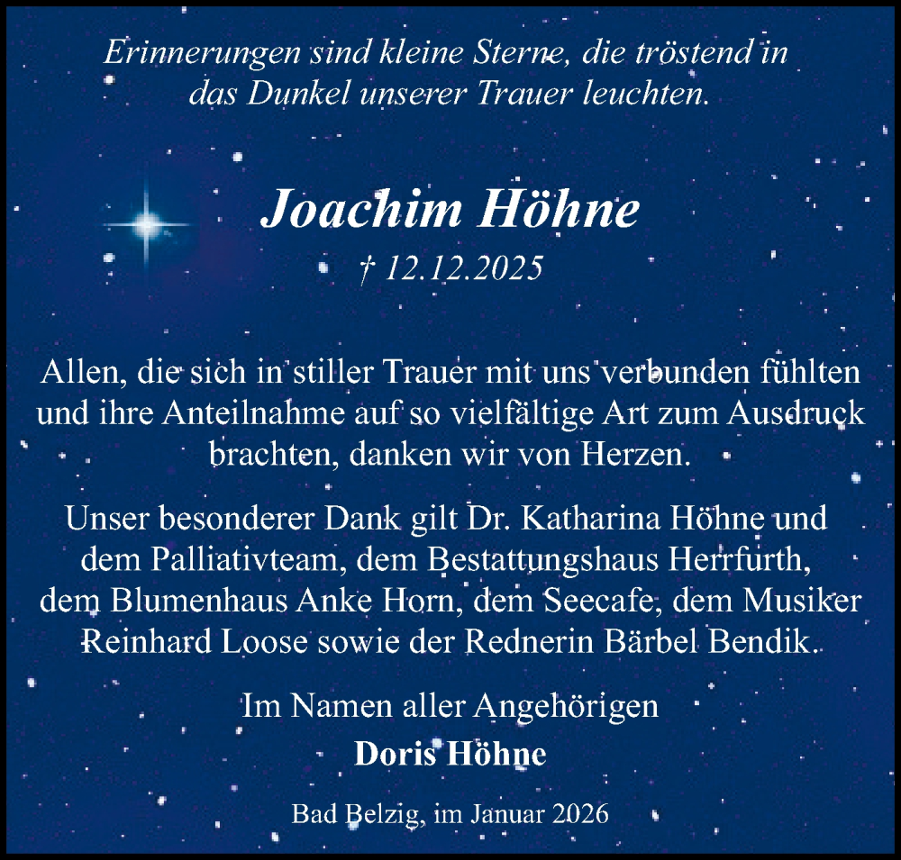  Traueranzeige für Joachim Höhne vom 17.01.2026 aus Märkische Oderzeitung