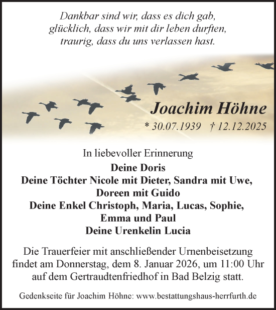 Traueranzeige von Joachim Höhne von Märkische Oderzeitung
