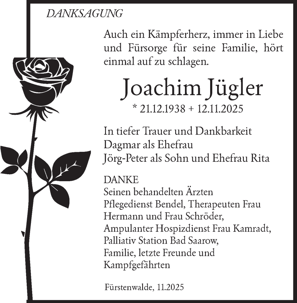 Traueranzeige für Joachim Jügler vom 22.01.2026 aus Märkische Oderzeitung