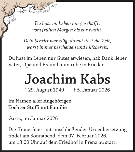 Traueranzeige von Joachim Kabs von Märkische Oderzeitung