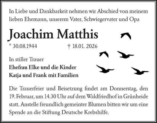 Traueranzeige von Joachim Matthis von Märkische Oderzeitung