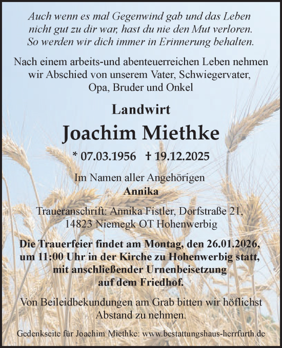 Traueranzeige von Joachim Miethke von Märkische Oderzeitung