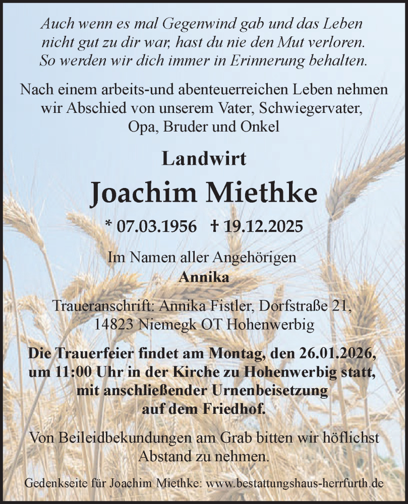  Traueranzeige für Joachim Miethke vom 17.01.2026 aus Märkische Oderzeitung