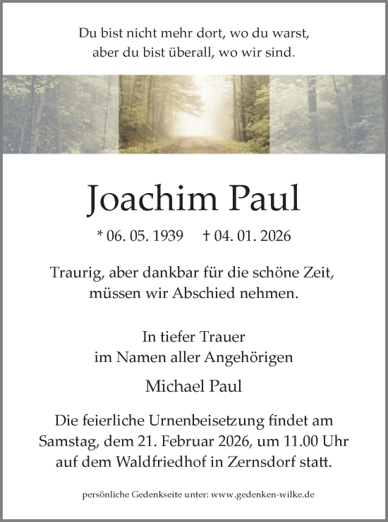 Traueranzeige von Joachim Paul von Blickpunkt Königs Wusterhausen