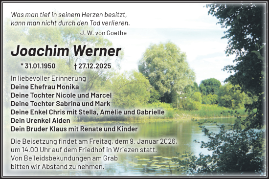 Traueranzeige von Joachim Werner von MO Oderld.-Echo