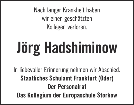 Traueranzeige von Jörg Hadshiminow von Märkische Oderzeitung